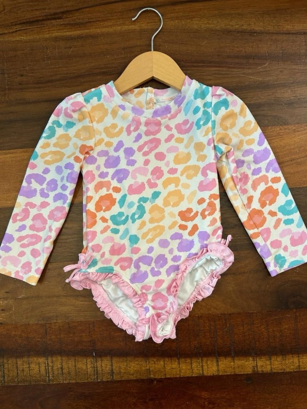 Posh Peanut Girls 3T Pastel Rainbow Leopard Long Sleeve Ruffle Swimsuit